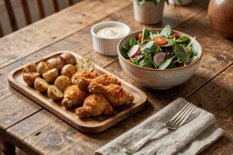 Assiette de poulet croustillant accompagné de pommes de terre rôties et salade verte sur une table en bois rustique