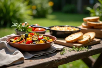 Table de barbecue en plein air avec accompagnements grillés, gratin de pommes de terre et salade de légumes colorée sur une table en bois rustique