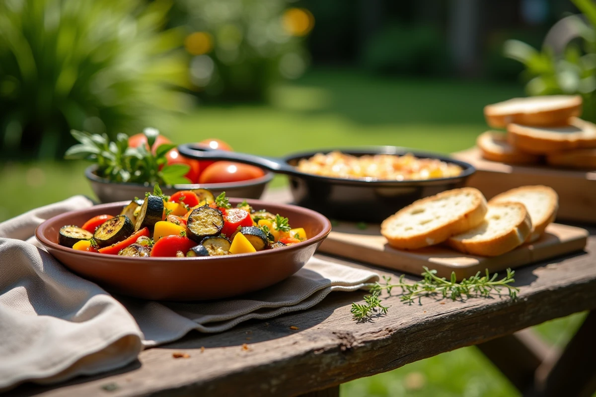 Table de barbecue en plein air avec accompagnements grillés, gratin de pommes de terre et salade de légumes colorée sur une table en bois rustique