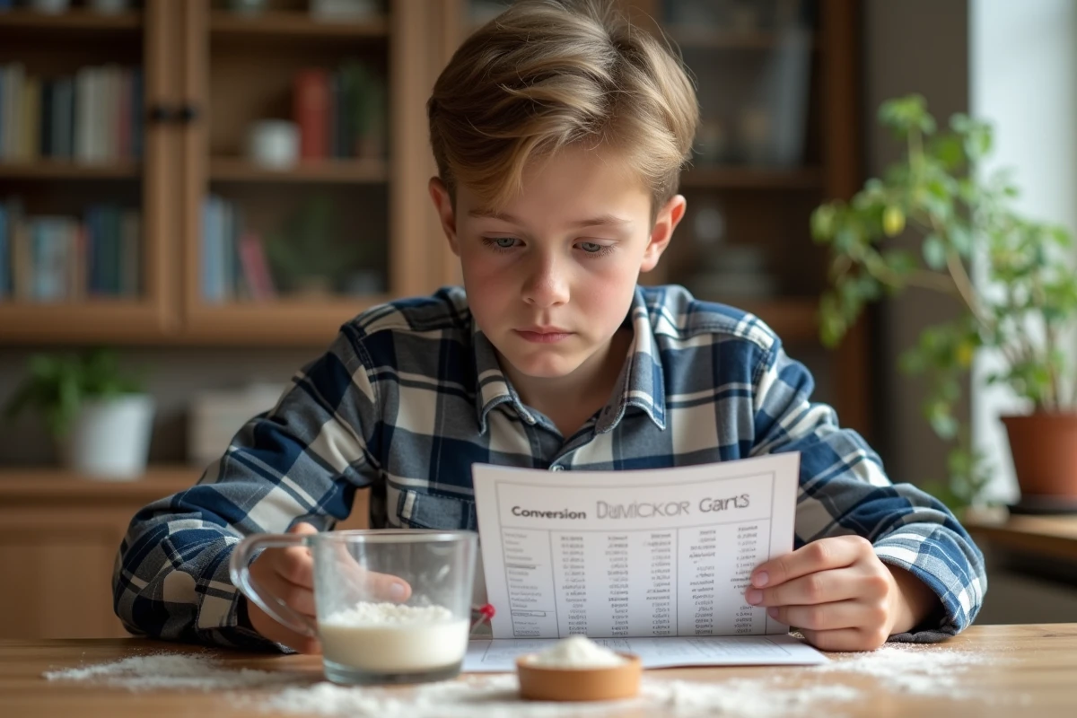 Adolescent vérifiant un tableau de conversion avec un verre de farine