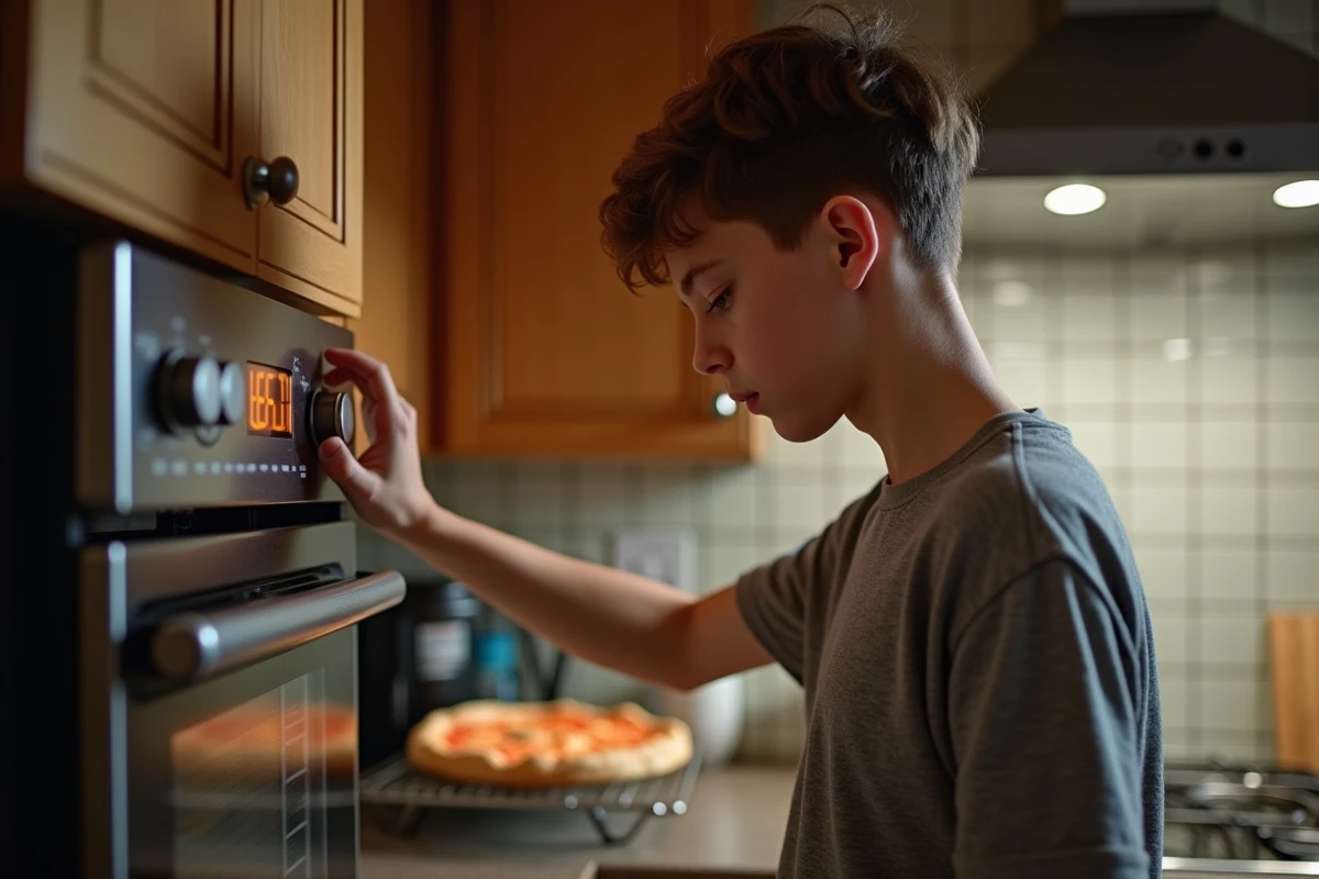Adolescent réglant le thermostat du four dans une cuisine chaleureuse