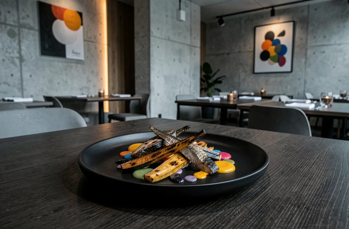 Plat avant-gardiste et artistique du restaurant AM par Alexandre Mazzia à Marseille, avec dressage contemporain et graphique sur assiette noire mate