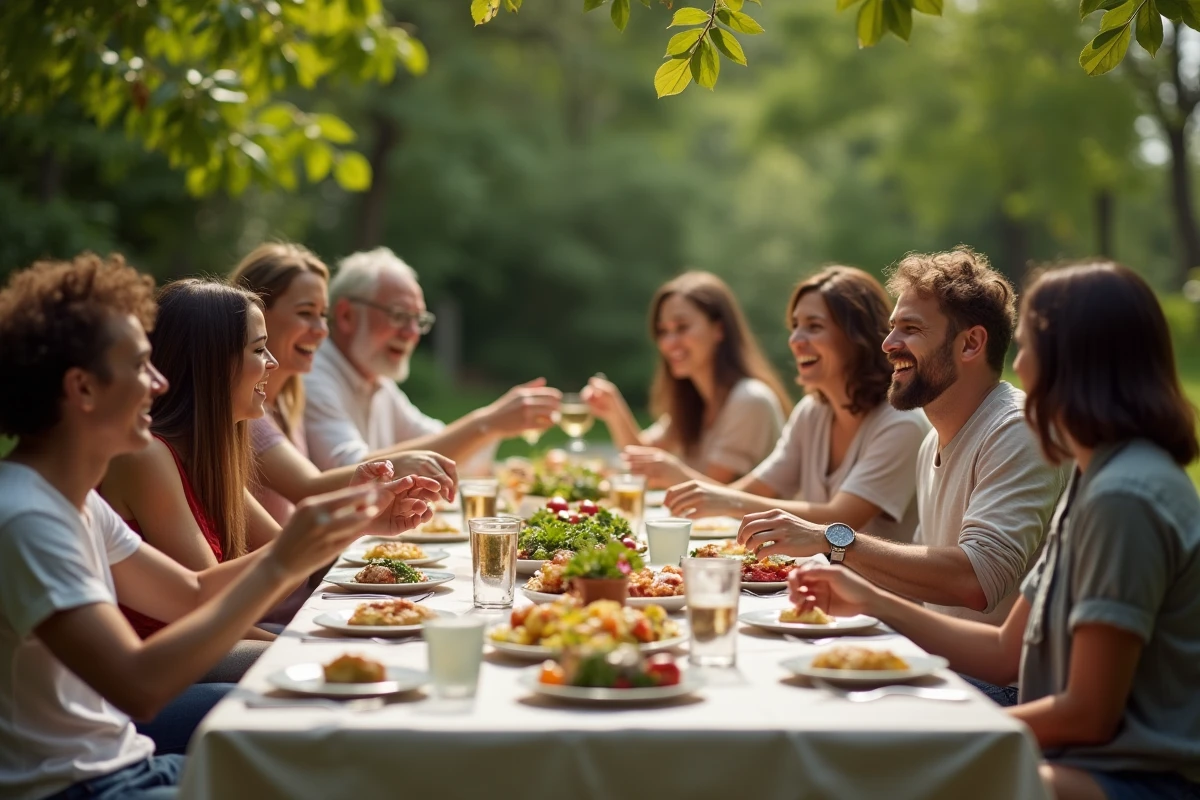 Amis partageant un repas en plein air dans un jardin verdoyant