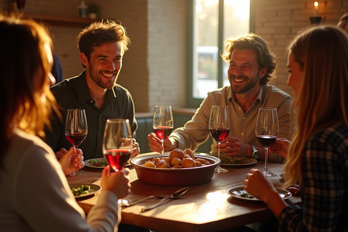 Groupe d amis partageant un cassoulet dans un restaurant parisien