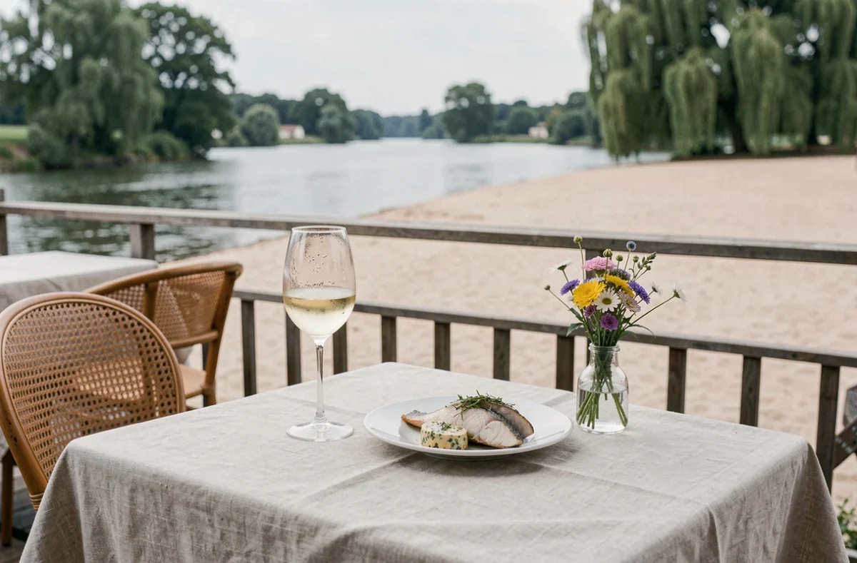Terrasse de restaurant au bord de la Loire avec table dressée et vue sur le fleuve à Blois