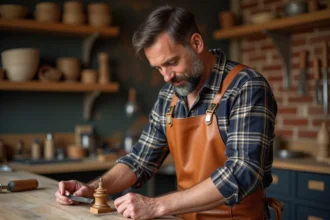 Artisan homme en atelier inspectant un outil en cuir