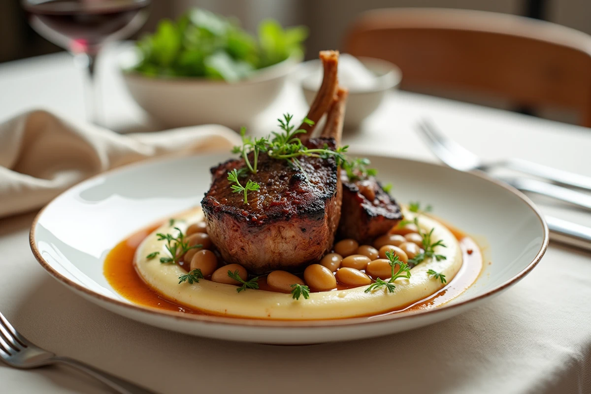 Assiette raffinée d'épaule d'agneau confite basse température dressée sur une purée de haricots blancs avec un jus de cuisson réduit, présentation gastronomique