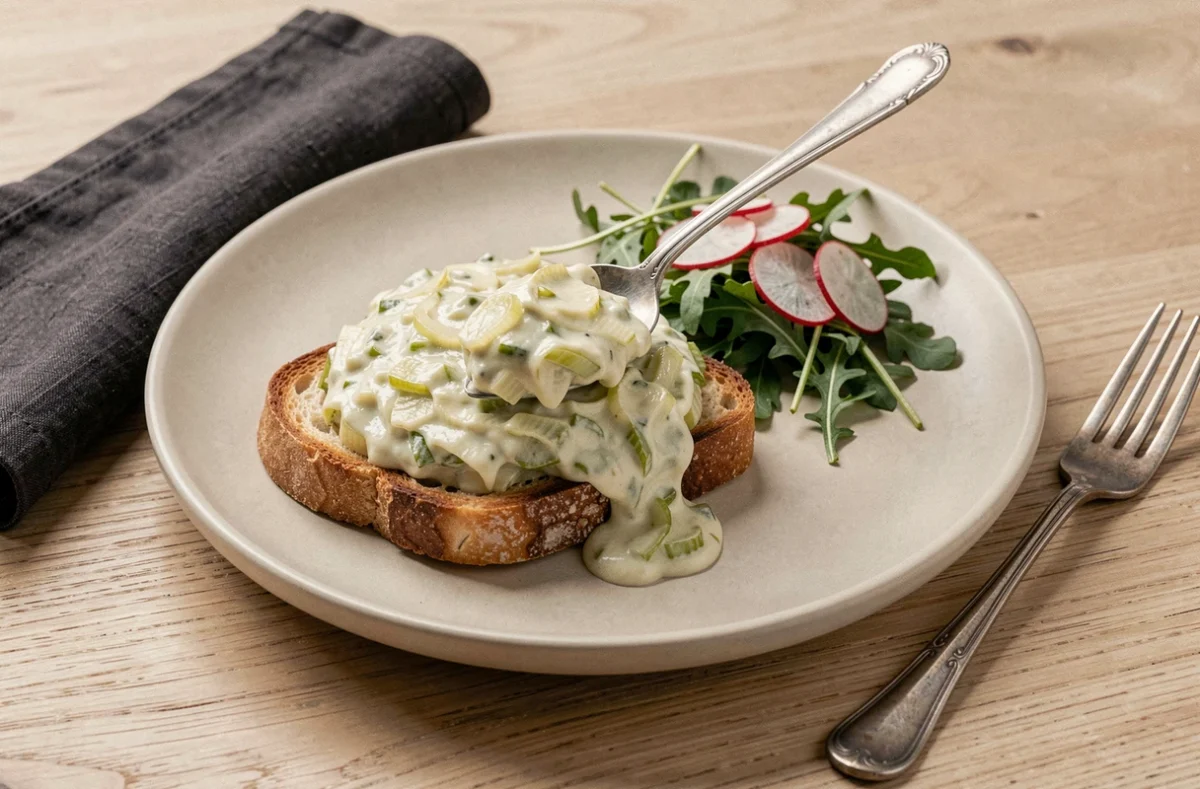 Assiette de fondue de poireaux sans lactose sur toast de pain au levain avec salade de roquette
