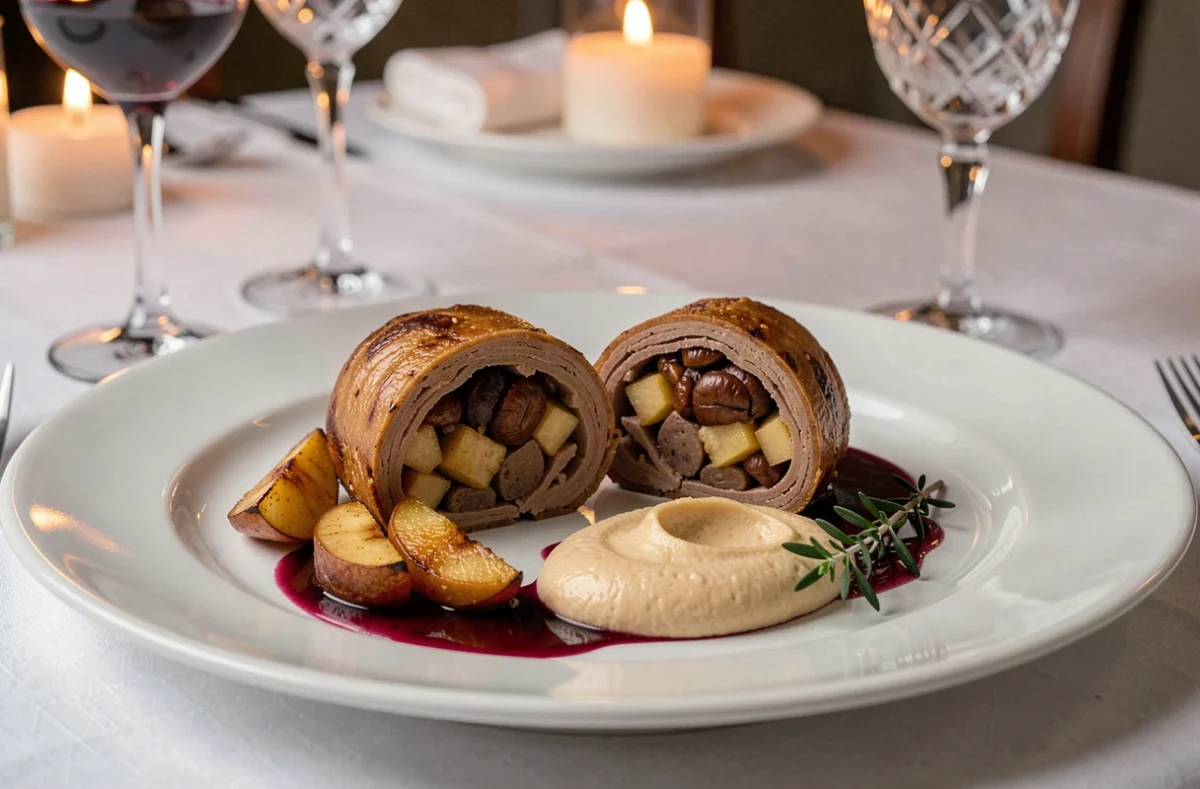 Assiette gastronomique de crépinettes tranchées révélant la farce aux marrons et aux pommes avec purée de châtaignes et jus réduit pour un repas de fête