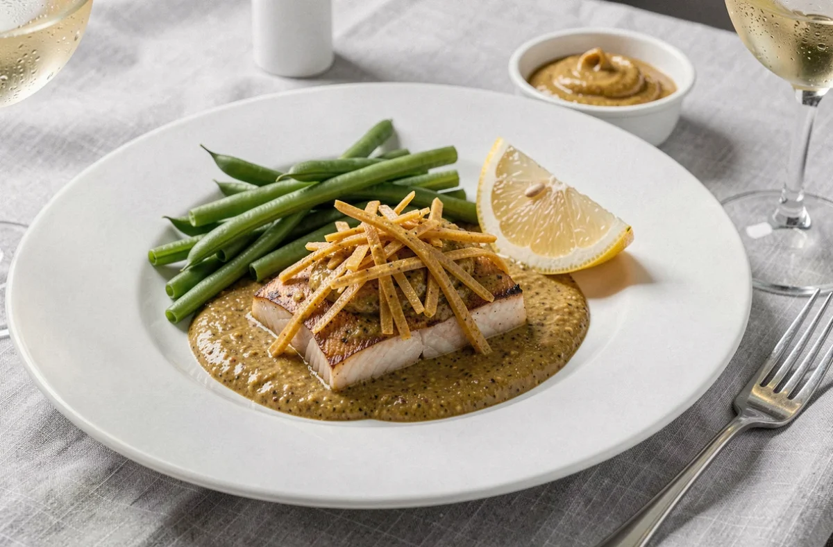 Assiette de julienne de poisson à la moutarde ancienne avec haricots verts et citron sur nappe en lin gris