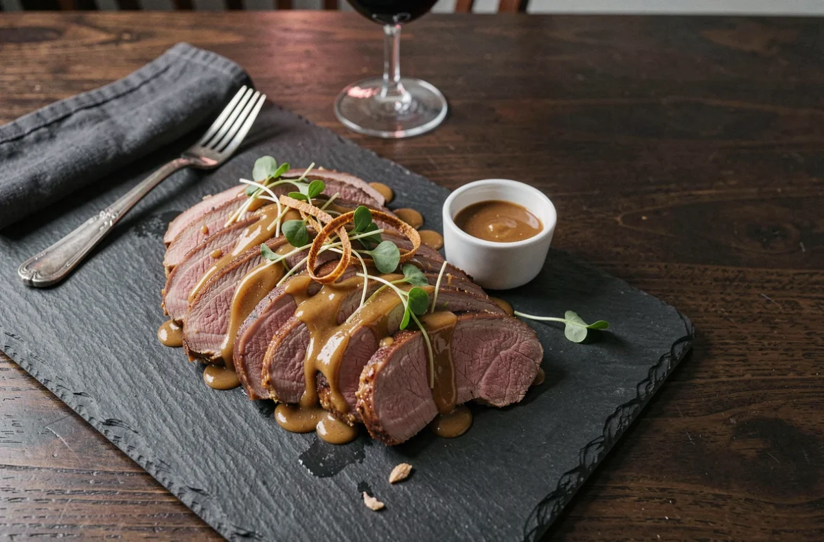 Assiette de magret de canard tranché avec sauce échalote beurre noisette et garniture de microgreens sur ardoise