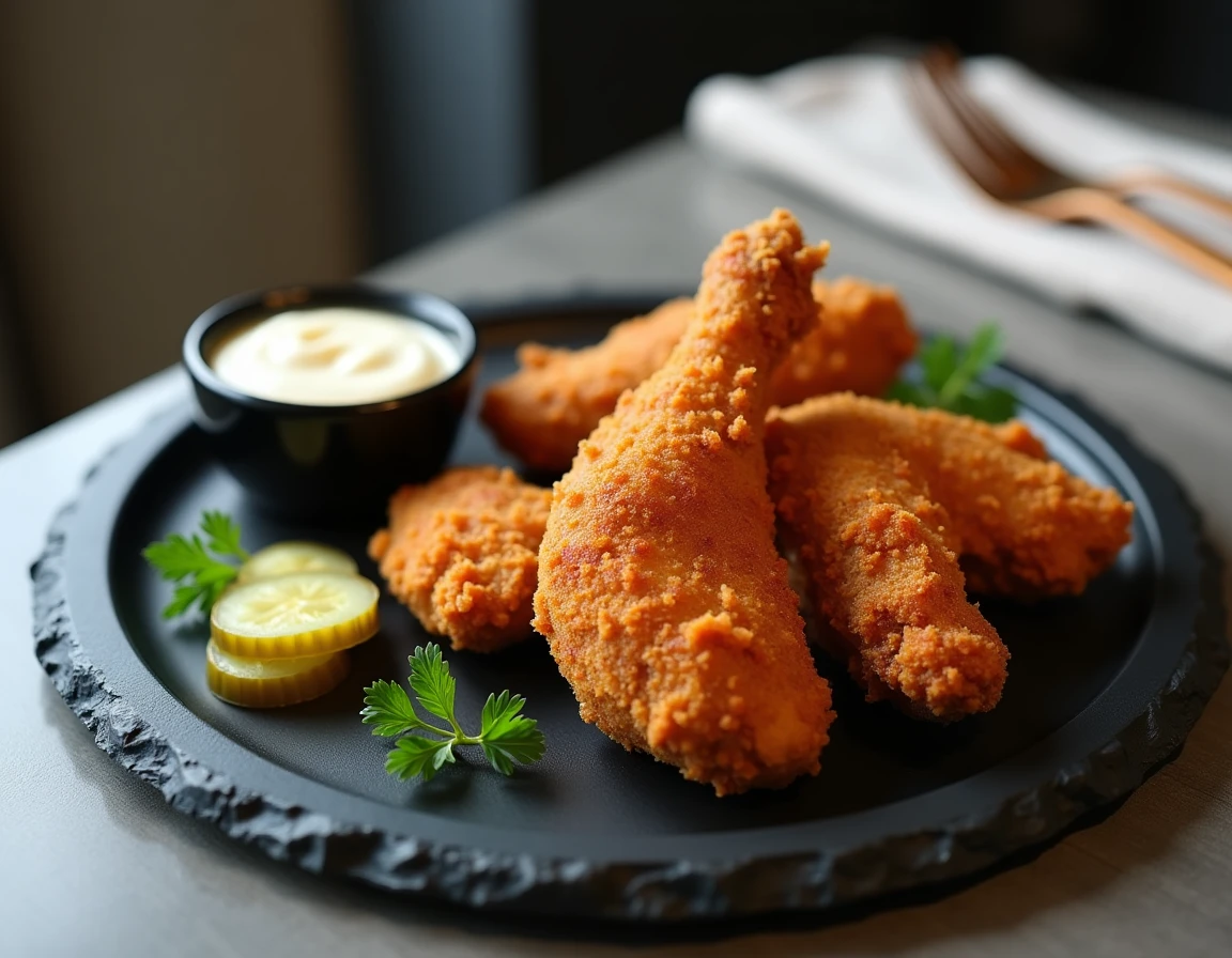Assiette de poulet pané épicé façon KFC dressée sur ardoise avec sauce dip et cornichons