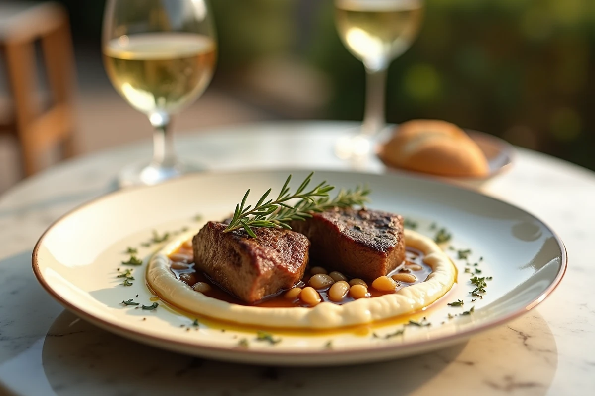 Assiette de ragoût d'agneau méditerranéen dressée avec purée de haricots blancs et verre de vin blanc sur terrasse