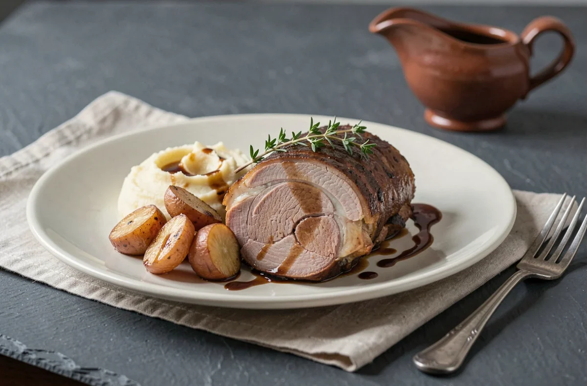 Assiette de rôti de porc braisé servi avec purée et légumes glacés nappés d'un jus réduit sur table en ardoise