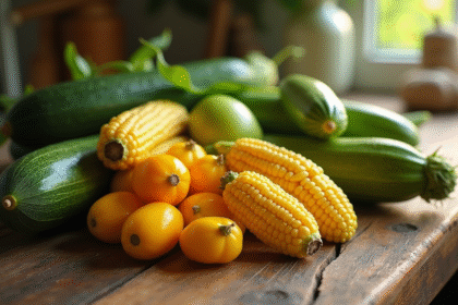 Assortiment de courgettes jujubes maïs et zapote sur une table en bois