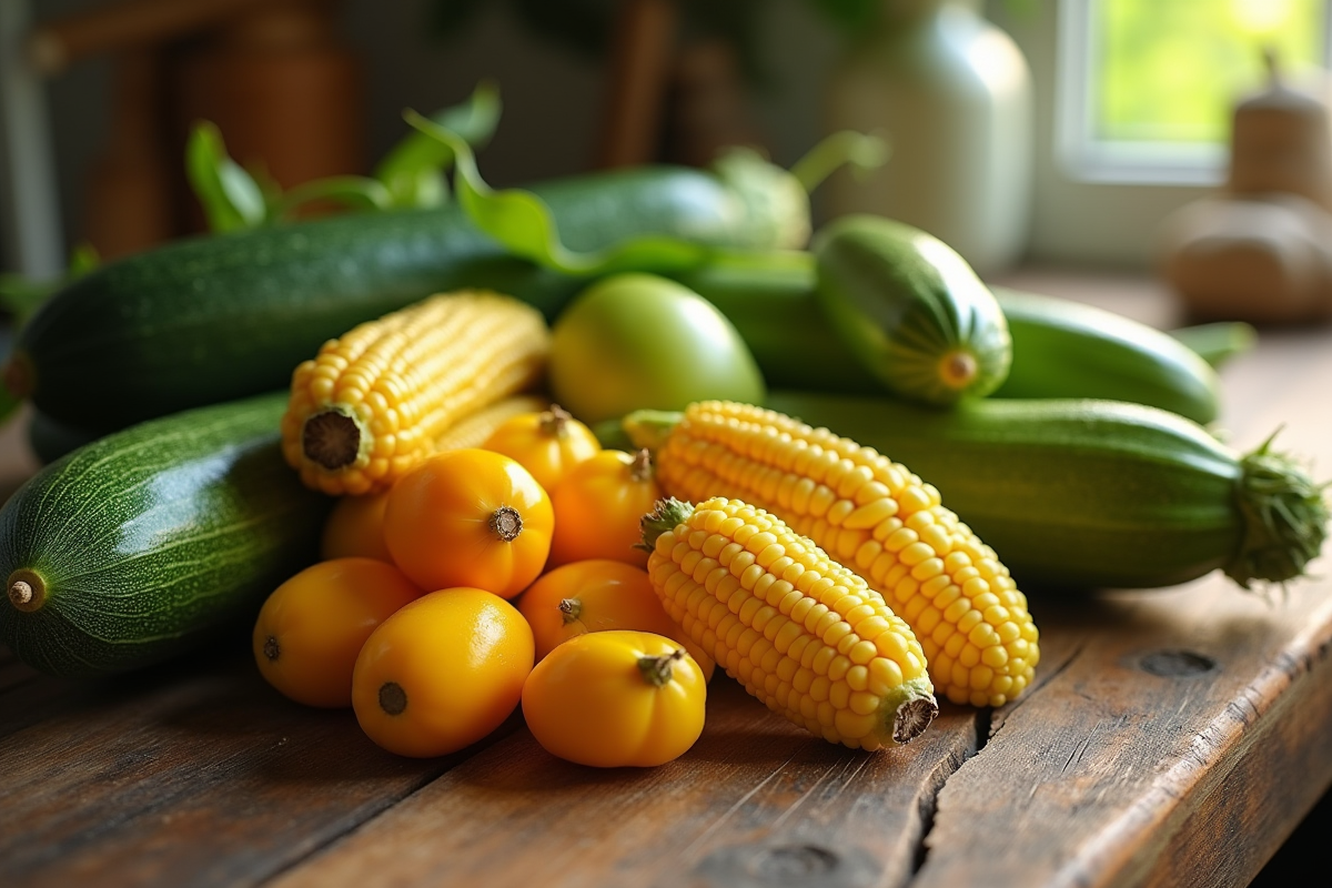 Assortiment de courgettes jujubes maïs et zapote sur une table en bois
