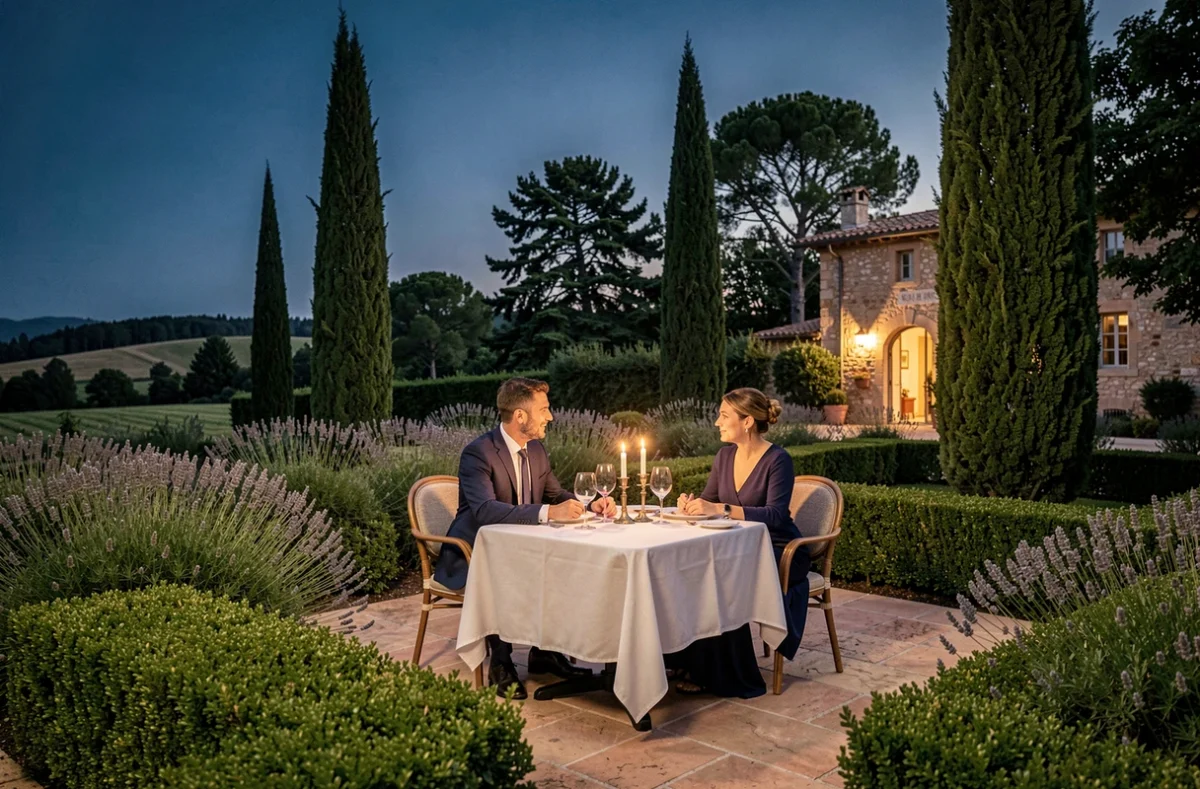 Terrasse romantique de l'Auberge de Cassagne et Spa au Pontet près d'Avignon avec buis taillés, lavande et cyprès au crépuscule