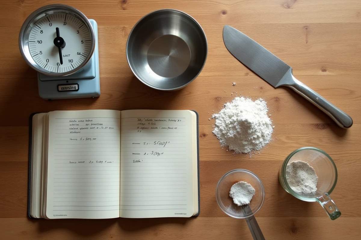 Vue du dessus d'une balance de cuisine avec verre doseur et notes de conversion grammes en centilitres sur une table en bois