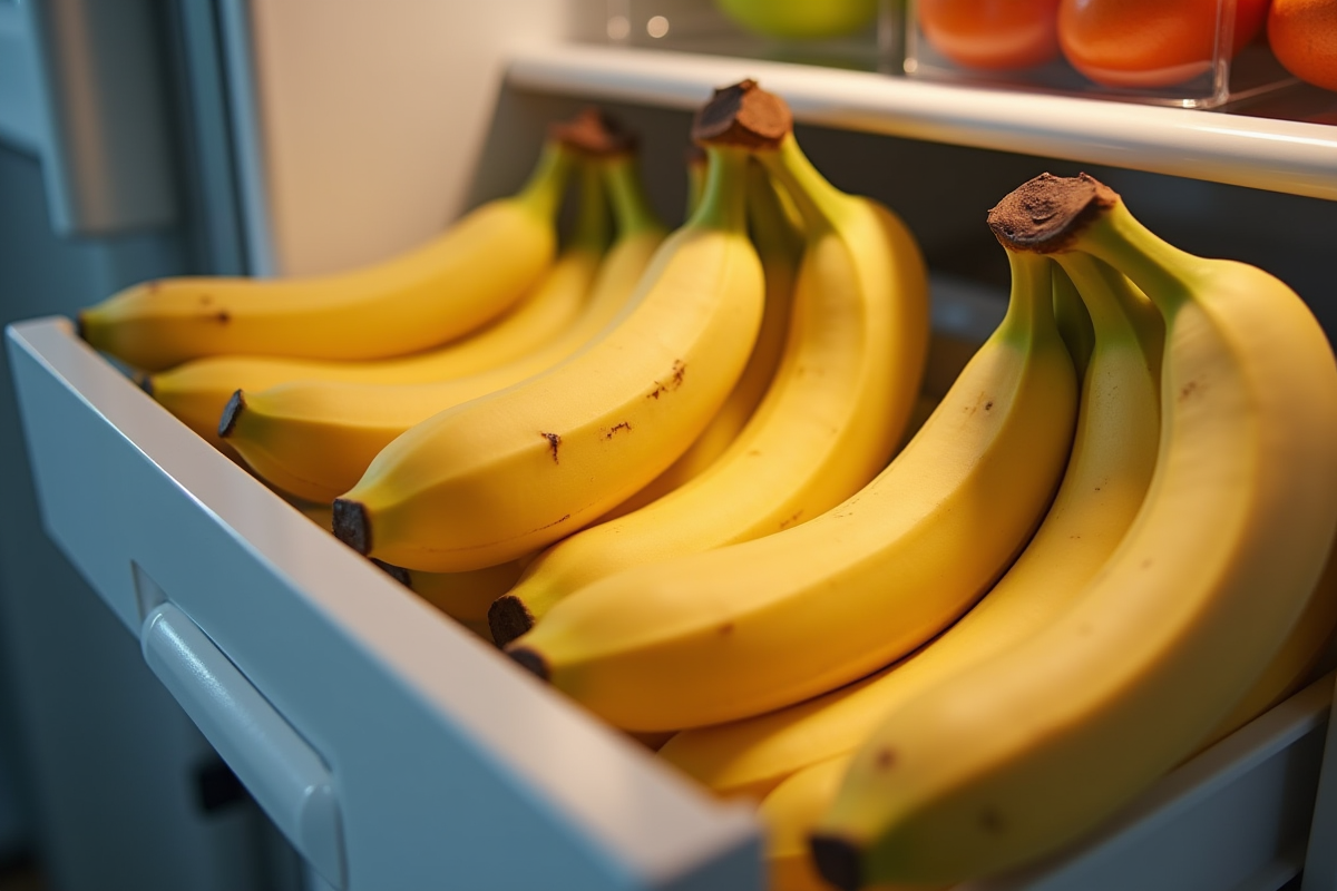 Bananes mûres dans le tiroir à fruits du réfrigérateur