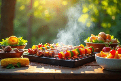 Scène de barbecue en plein air avec viandes et légumes colorés