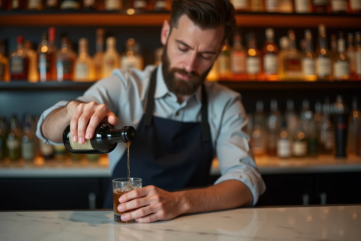 Barman versant une liqueur aux herbes dans un verre à shot sur un comptoir en marbre dans un bar