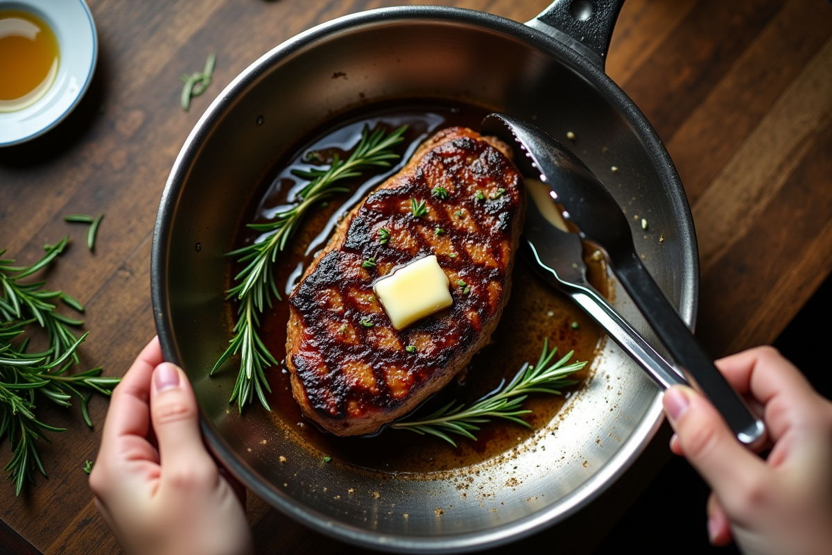 Gros plan d un bifteck doré dans une poêle avec herbes et beurre