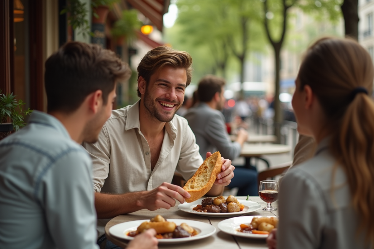 Jeune homme dégustant un bœuf bourguignon en terrasse parisienne