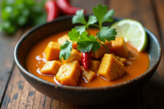 Bol de curry de jackfruit frais et coloré avec coriandre