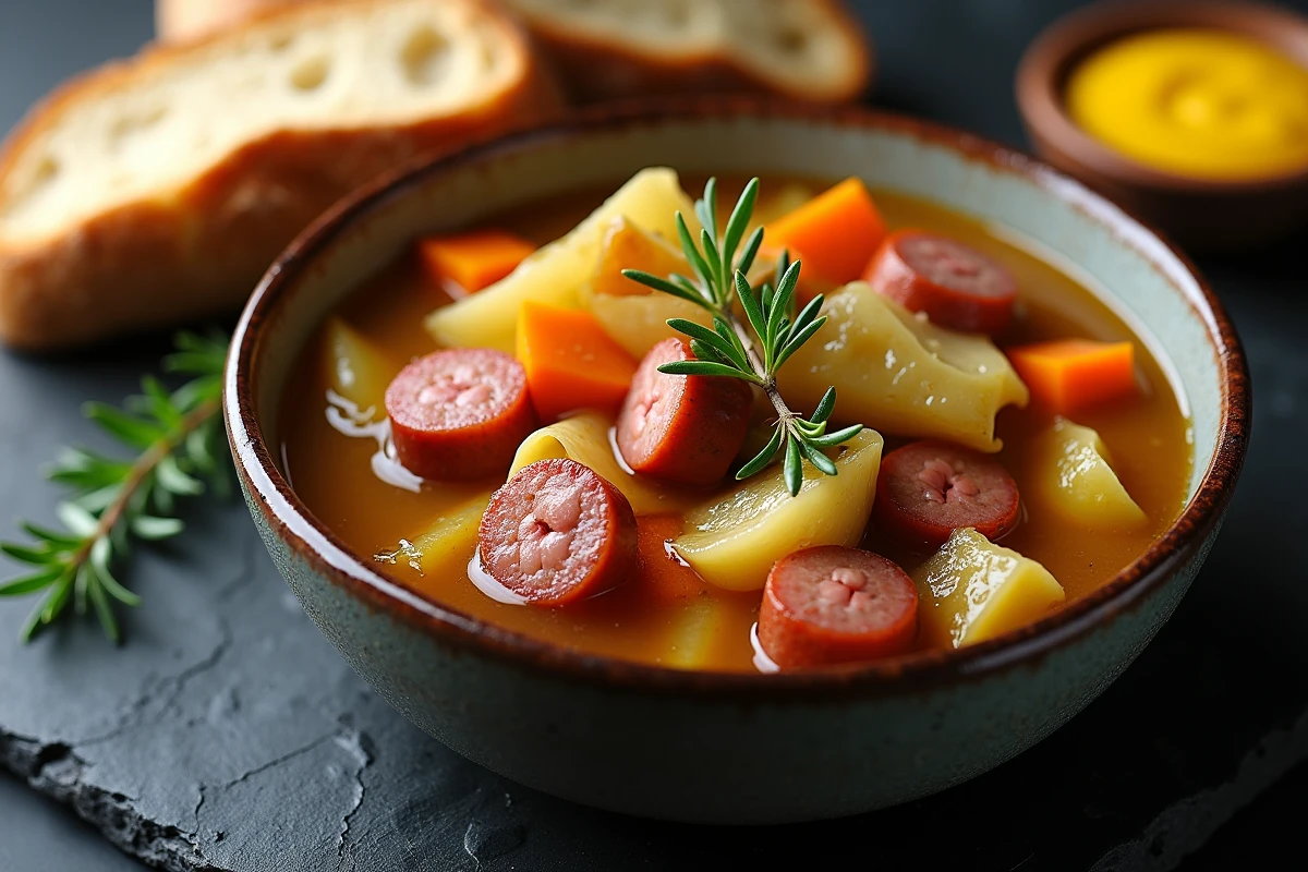 Bol en céramique rempli d'une portion de potée de campagne avec saucisse fumée, légumes fondants et bouillon ambré, accompagné de pain de campagne et de moutarde de Dijon