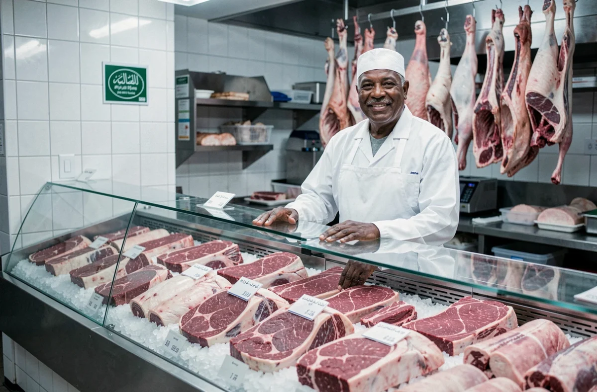 Boucher halal souriant derrière son comptoir de viandes fraîches dans une boucherie traditionnelle