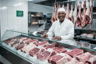 Boucher halal souriant derrière son comptoir de viandes fraîches dans une boucherie traditionnelle