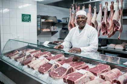 Boucher halal souriant derrière son comptoir de viandes fraîches dans une boucherie traditionnelle