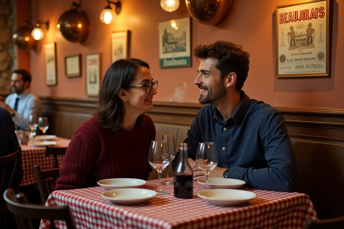 Deux amis attablés dans un bouchon lyonnais typique avec décor traditionnel et carafe de vin rouge