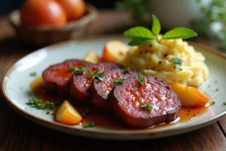 Tranches de boudin noir avec pommes caramélisées et purée