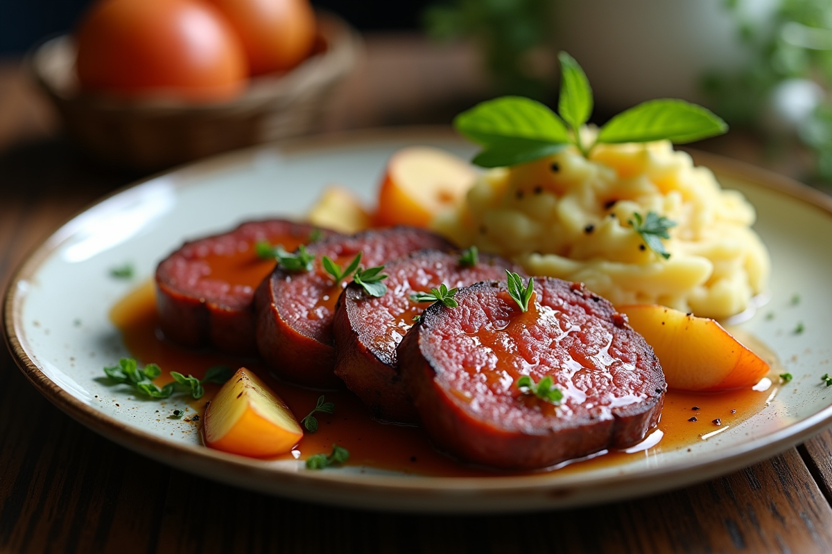 Tranches de boudin noir avec pommes caramélisées et purée