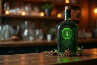 Bouteille de Jägermeister posée sur un comptoir de bar en bois rustique entourée d'épices séchées