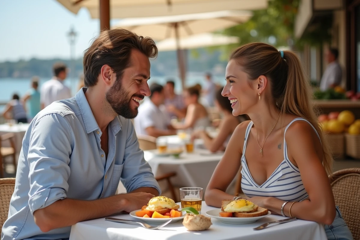 Couple partageant un brunch au bord de l'eau lors d'un marché provençal animé à Hyères