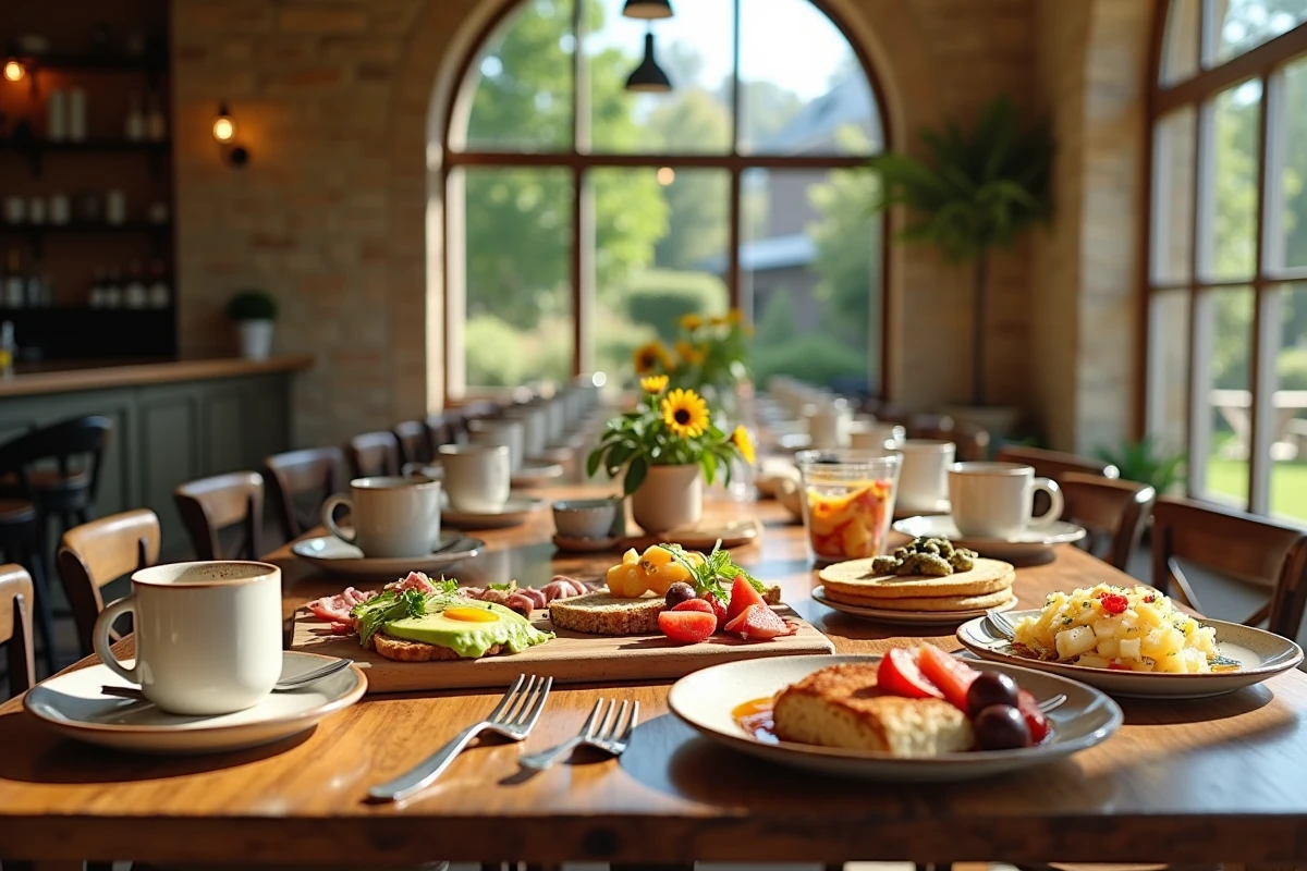 Grand buffet de brunch dans un restaurant au décor en pierre avec vue sur jardin à Hyères