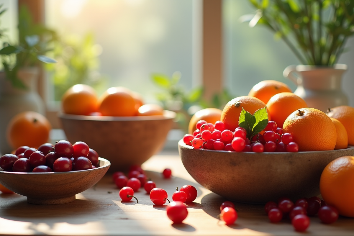 Cuisine ensoleillee avec fruits C dans des bols rustiques