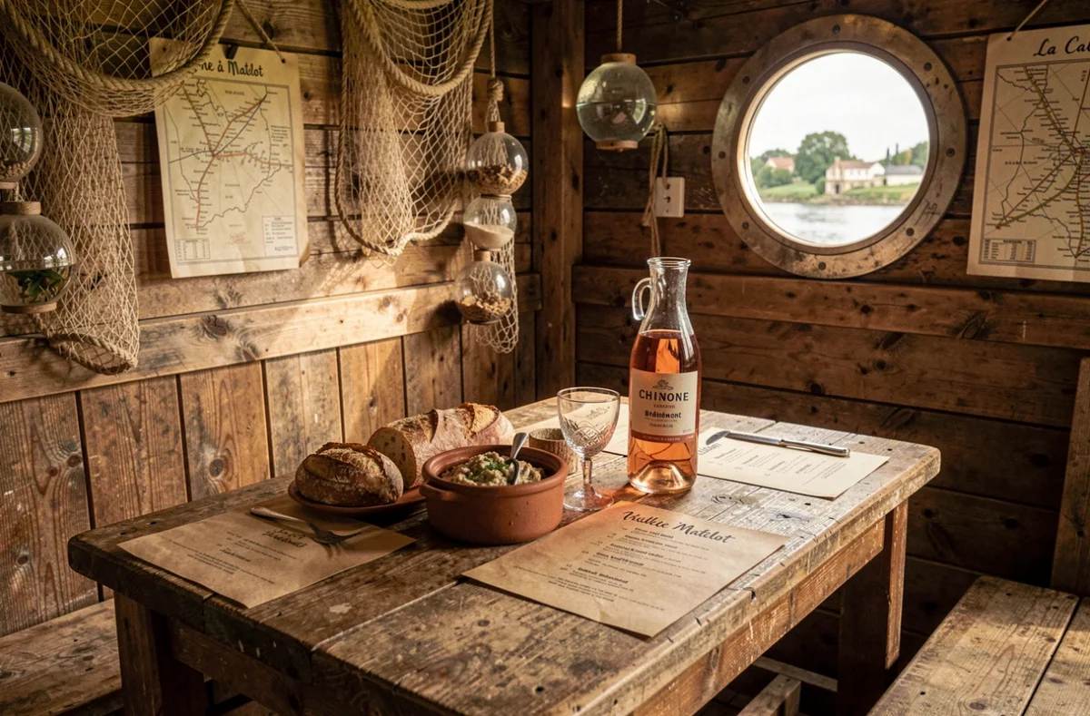 Intérieur rustique de La Cabane à Matelot à Bréhémont avec cuisine de Loire et décor de pêcheur