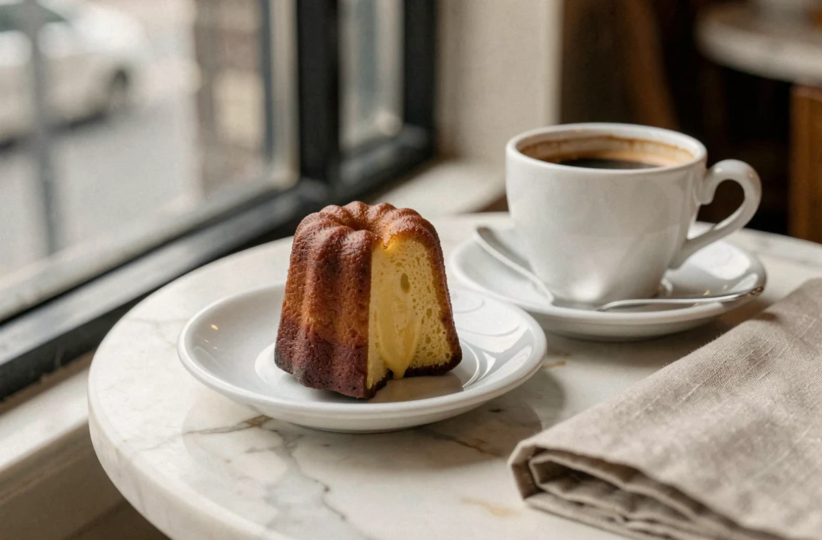 Canelé coupé en deux sur une assiette en céramique blanche avec un expresso, révélant l'intérieur moelleux et la croûte caramélisée