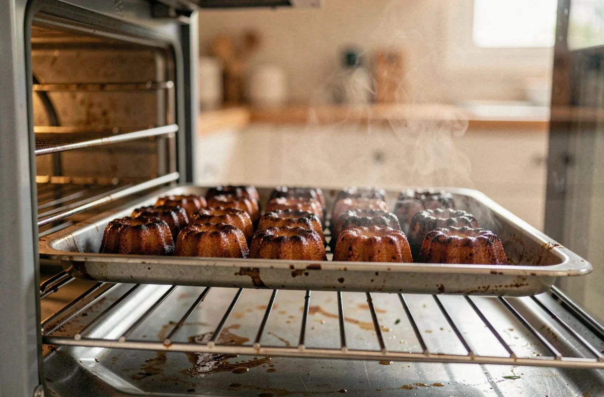 Plateau de canelés en cours de cuisson dans un four ouvert, croûte caramélisée visible et vapeur s'échappant des moules
