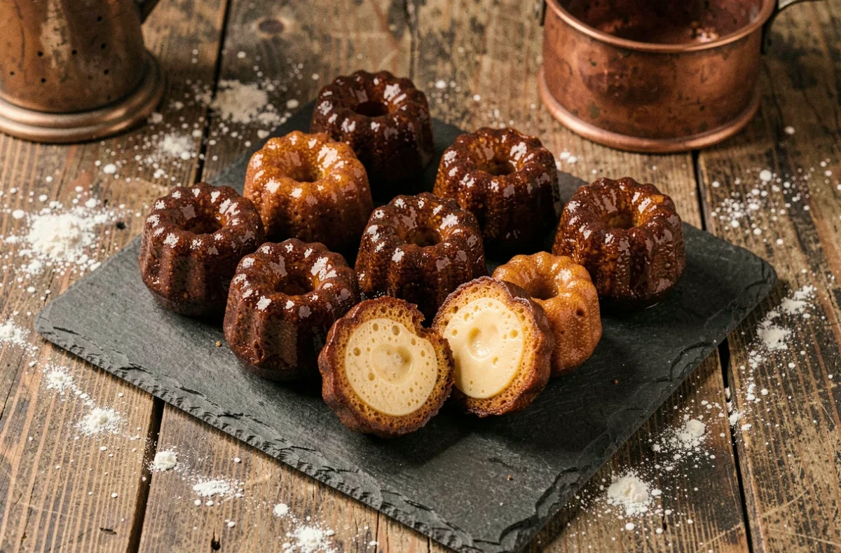 Canelés fraîchement cuits au four avec une croûte caramélisée dorée, présentés sur une ardoise noire dans une cuisine rustique française