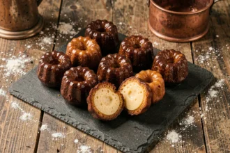 Canelés fraîchement cuits au four avec une croûte caramélisée dorée, présentés sur une ardoise noire dans une cuisine rustique française