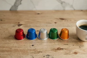 Cinq capsules compatibles Nespresso de marques différentes alignées sur un comptoir en bois clair dans une cuisine minimaliste