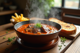 Bol de carbonade flamande chaud sur table rustique