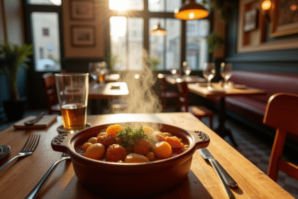 Cassoulet chaud servi dans un plat en terre cuite dans un bistrot parisien