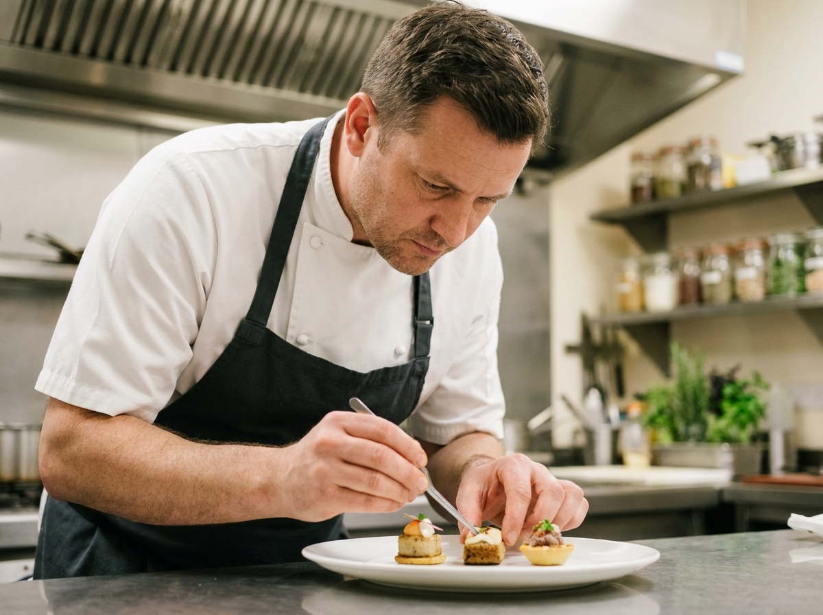 Chef traiteur du Cercle Traiteur à Paris préparant des amuse-bouches dans une cuisine professionnelle moderne