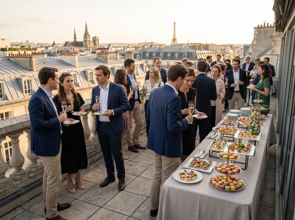 Réception cocktail sur terrasse parisienne avec le service traiteur du Cercle Traiteur et vue sur les toits de Paris