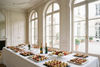 Table de réception élégante du Cercle Traiteur à Paris avec canapés raffinés et décoration sobre dans un salon haussmannien